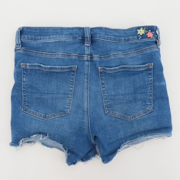 American Eagle Women 8 Midi Blue Jean Denim Shorts Embroidered Flower Distressed - Picture 5 of 12